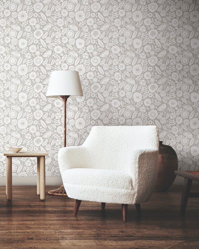 Camille Blossom Grey Wallpaper with Floral Feature Wall Pattern - York LM5393