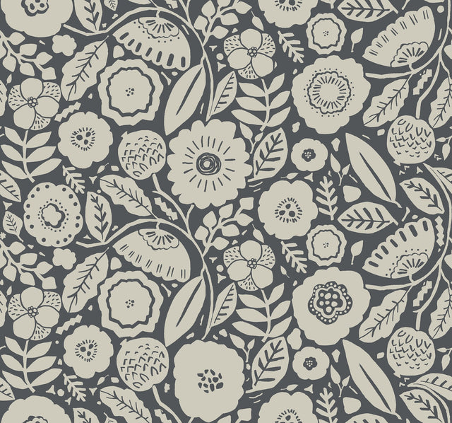 Camille Blossom Charcoal Wallpaper with Floral Motif - York LM5395