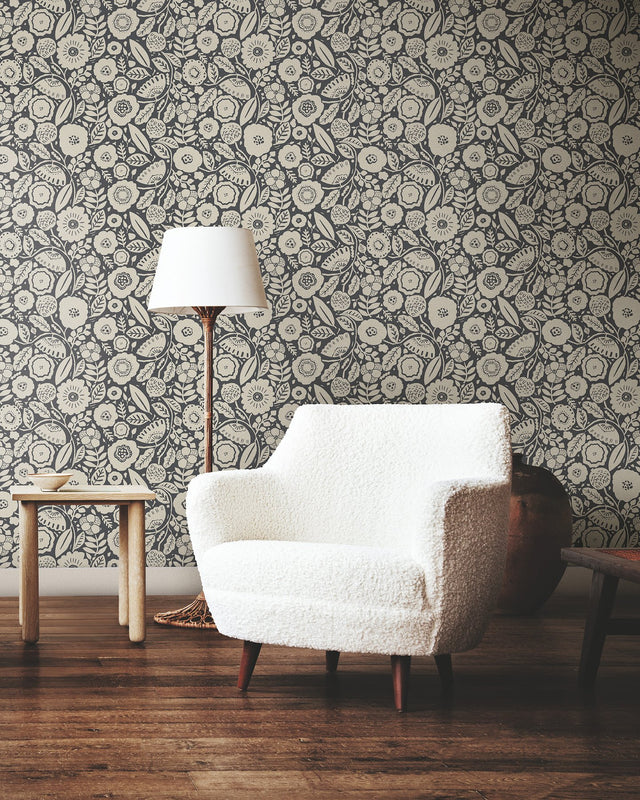 Camille Blossom Charcoal Wallpaper with Floral Motif - York LM5395