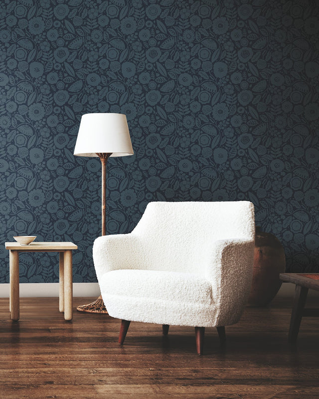 Camille Blossom Indigo Wallpaper with Floral Feature Wall Pattern - York LM5396