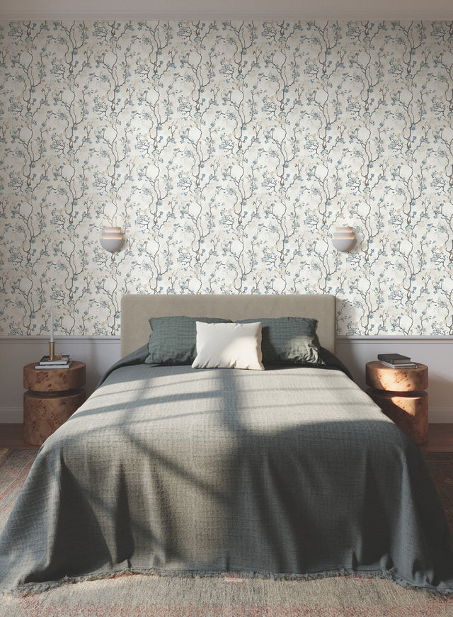 Avril Chinoiserie Peacock Wallpaper with Traditional Floral Branches - York LM5412
