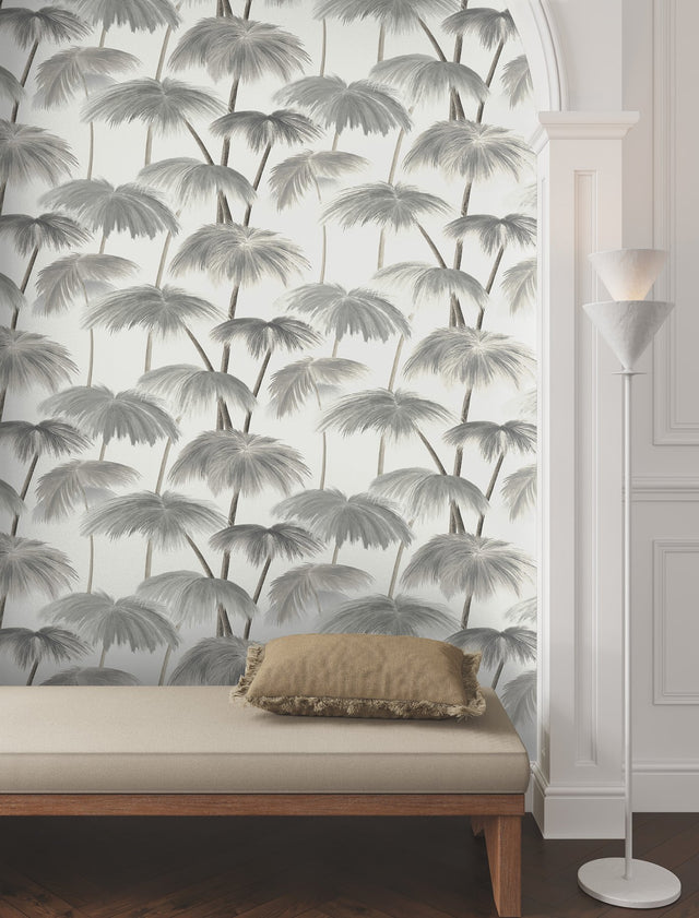 Plein Air Palms Black & White Tropical Wallpaper with Impressionist Palm Fronds - York LM5432