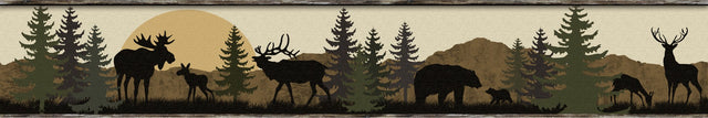 Scenic Silhouette Brown Wallpaper Border with Rustic Lodge Wildlife Motif - York LM7946BD