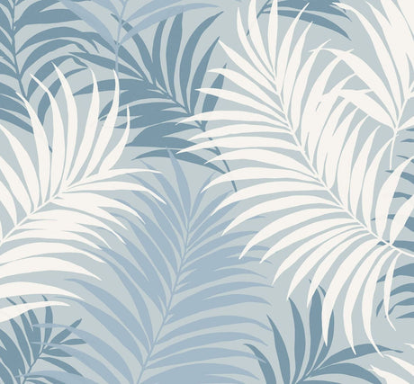 Via Palma palm leaf wallpaper in layered blue tones