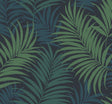Via Palma palm leaf wallpaper in midnight blue with juniper and spearmint leaves