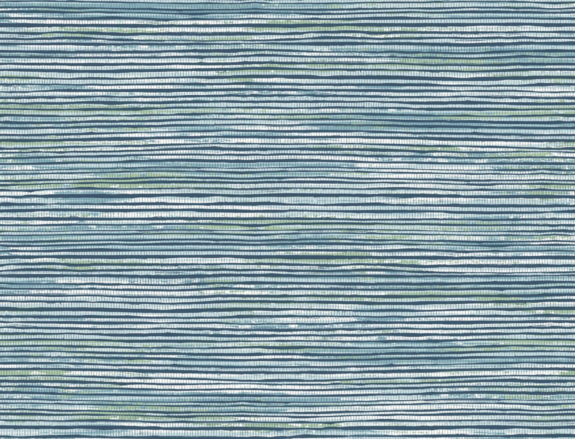 Osprey Faux Grasscloth wallpaper in midnight blue with spearmint and icy light accents, featuring fine horizontal grasscloth-like striping and a subtle metallic finish.