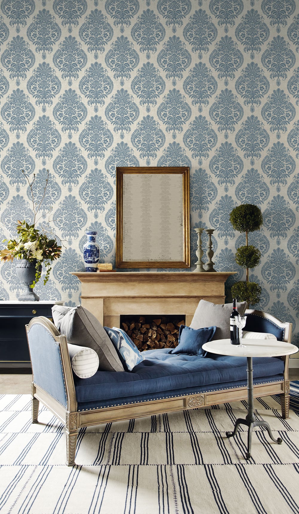 Antigua Air Force Blue and Alabaster by Lillian August Damask Wallpaper – Lillian August LN10402