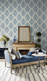 Antigua Air Force Blue and Alabaster by Lillian August Damask Wallpaper – Lillian August LN10402