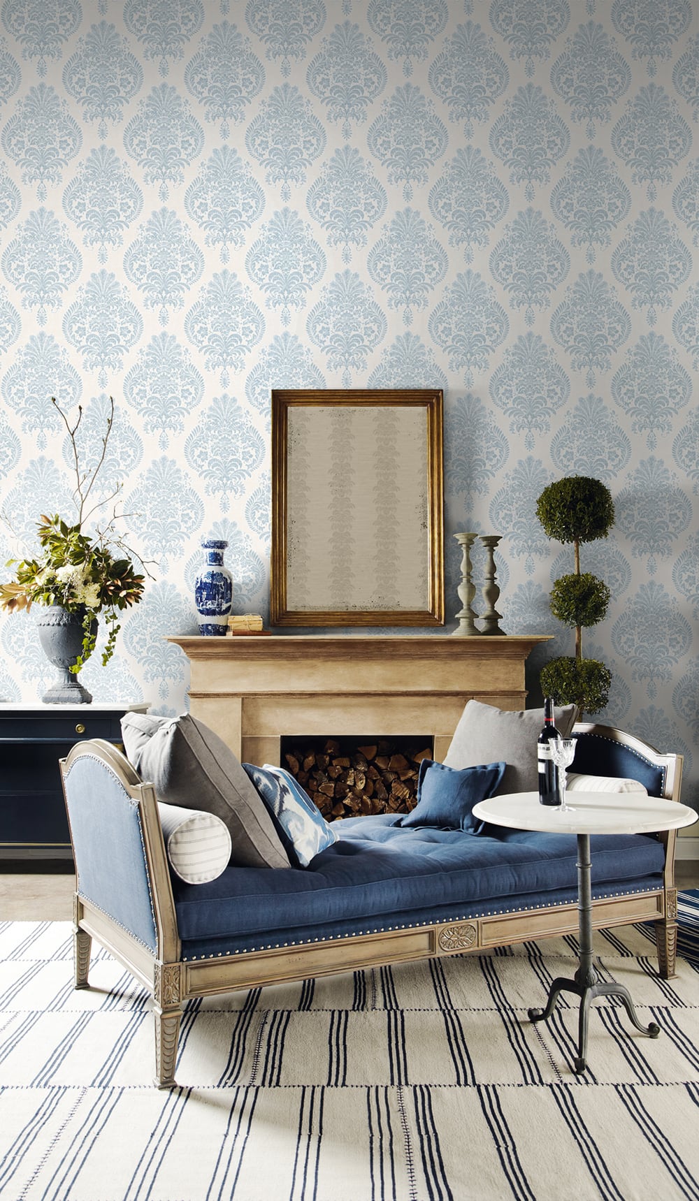 Antigua Damask Blue Frost and Bone White by Lillian August Damask Wallpaper – Lillian August LN10412