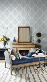 Antigua Damask Blue Frost and Bone White by Lillian August Damask Wallpaper – Lillian August LN10412