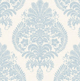 Antigua Damask wallpaper pattern in Blue Frost and Bone White