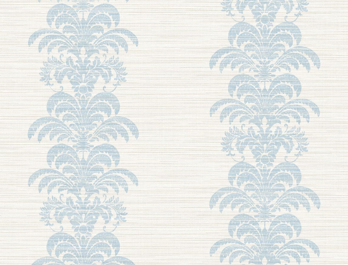 Palm Frond Stripe Stringcloth wallpaper in Blue Frost and Bone White with palm frond stripe motif.