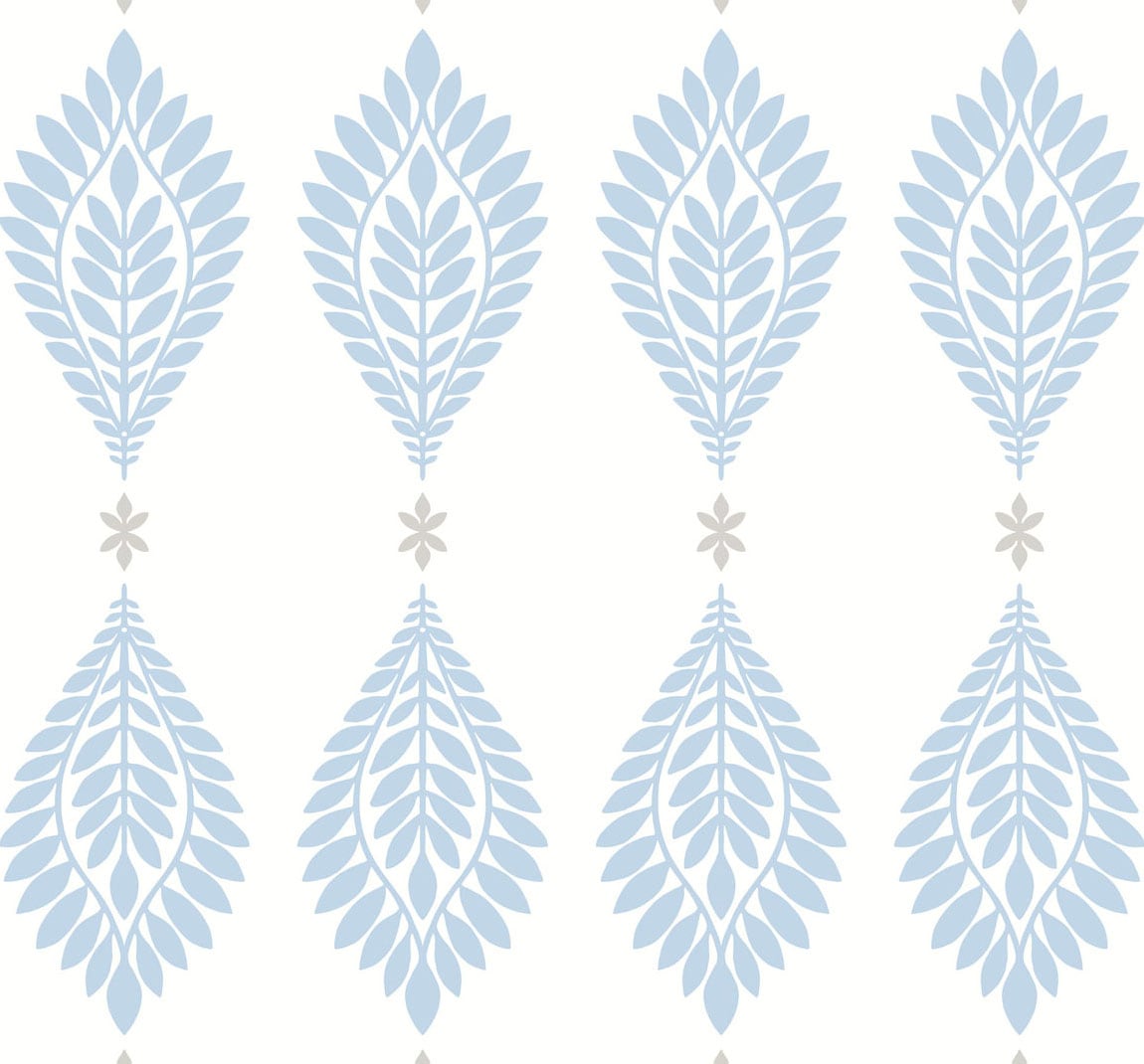 Mirasol Palm Frond wallpaper in Carolina Blue and Eggshell with stylized palm leaf motifs