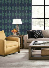 Mirasol Palm Frond Midnight Blue and Spearmint by Luxe Retreat Palm Leaf Wallpaper – Lillian August LN10612