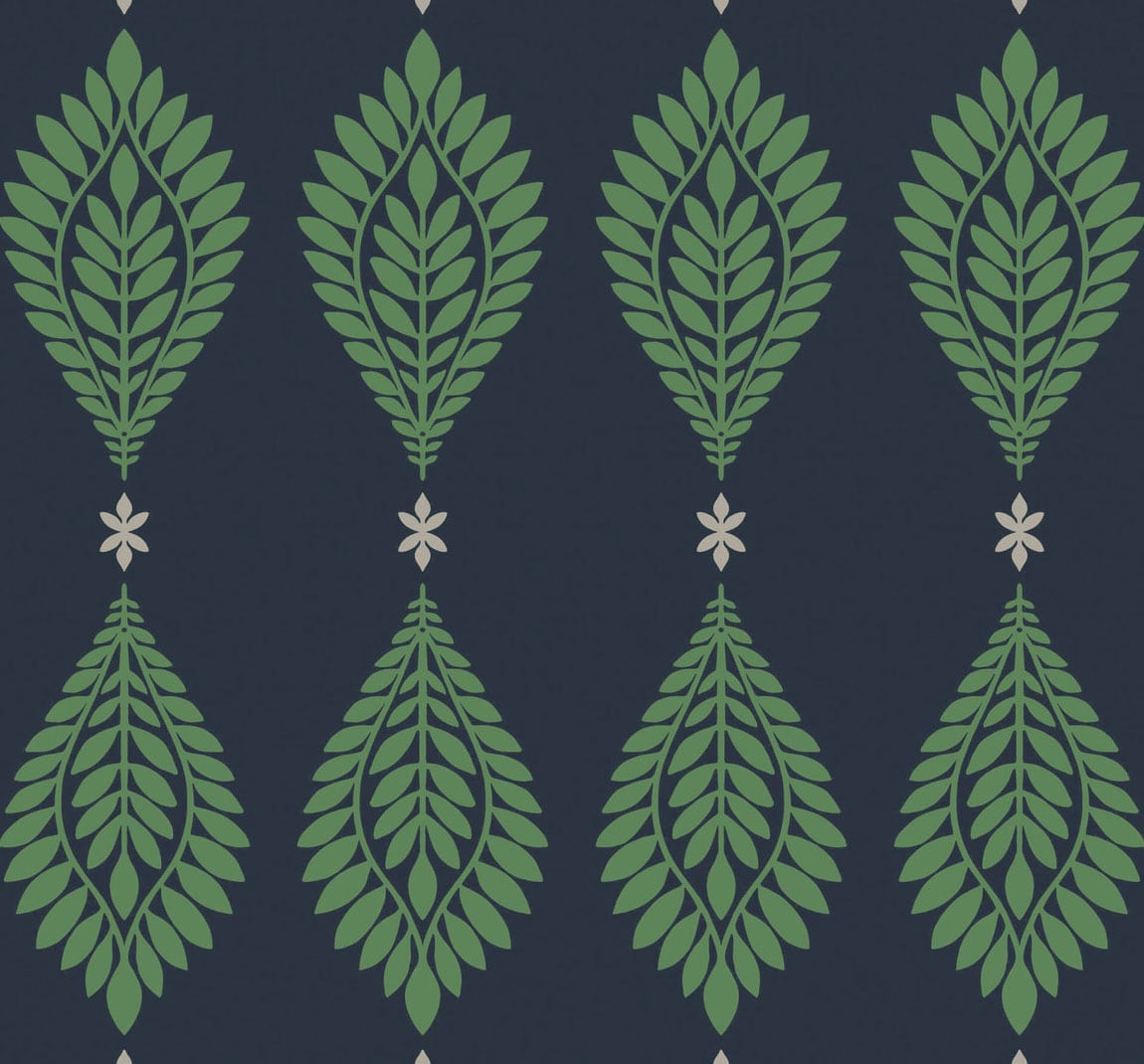 Mirasol Palm Frond wallpaper pattern in midnight blue with spearmint palm fronds