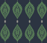 Mirasol Palm Frond wallpaper pattern in midnight blue with spearmint palm fronds