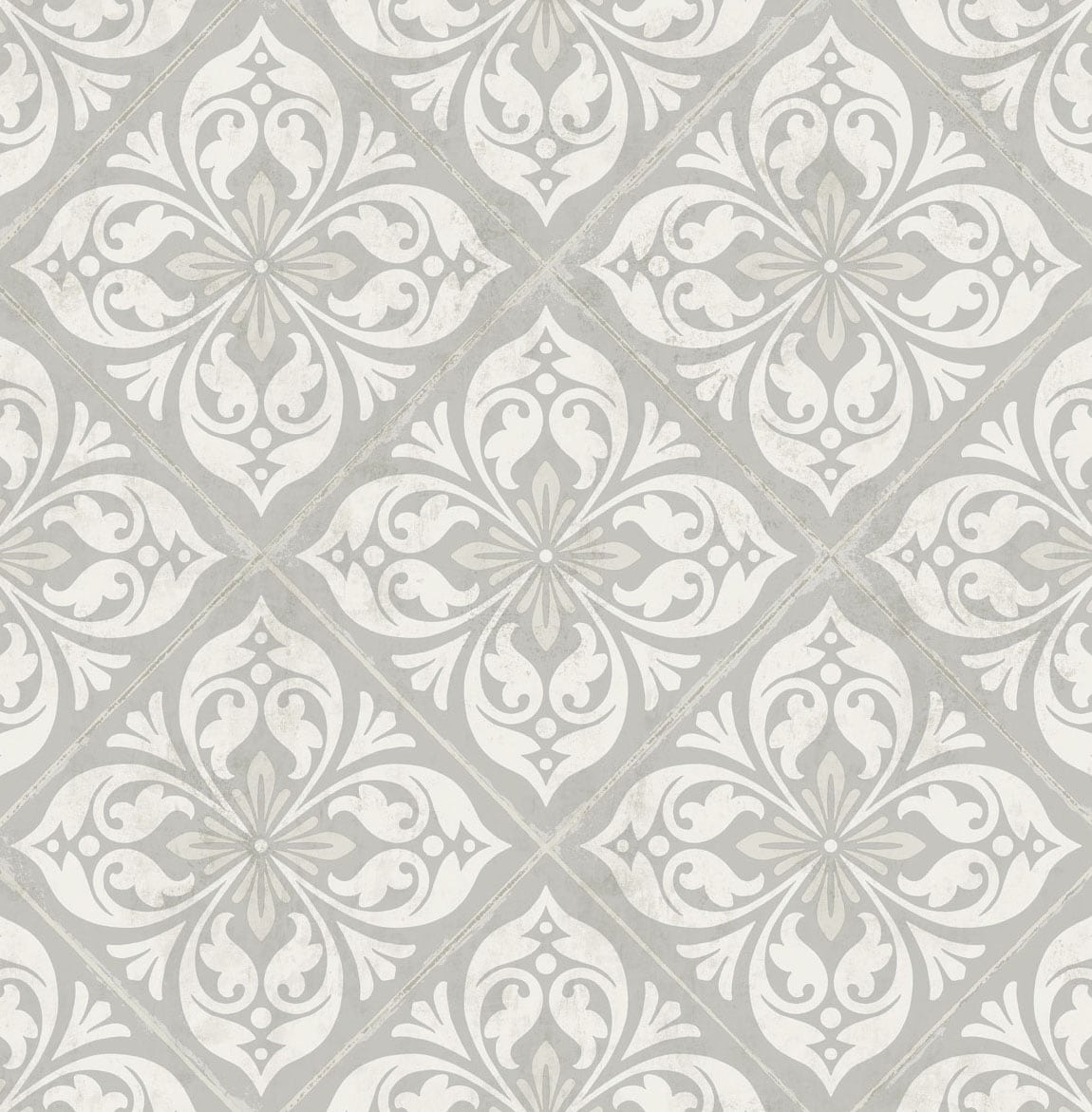 Plumosa Tile wallpaper in Cove Gray and Silver with a metallic coastal tile motif in a straight match repeat.