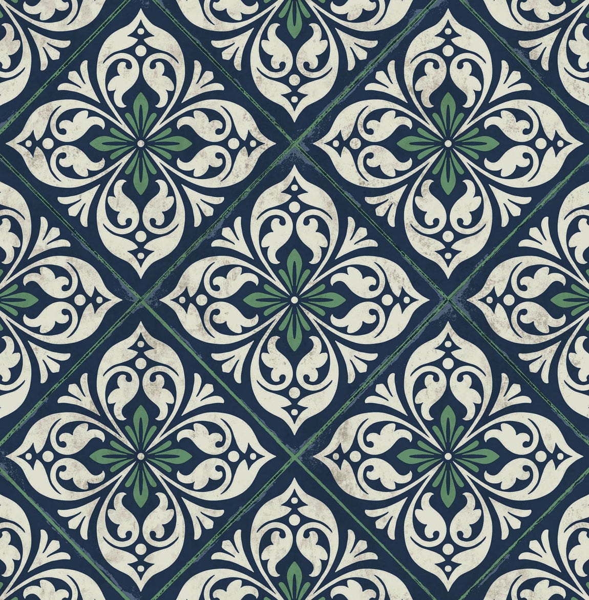 Plumosa Tile wallpaper pattern in midnight blue and spearmint with a decorative tile motif.