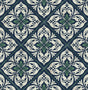 Plumosa Tile wallpaper pattern in midnight blue and spearmint with a decorative tile motif.