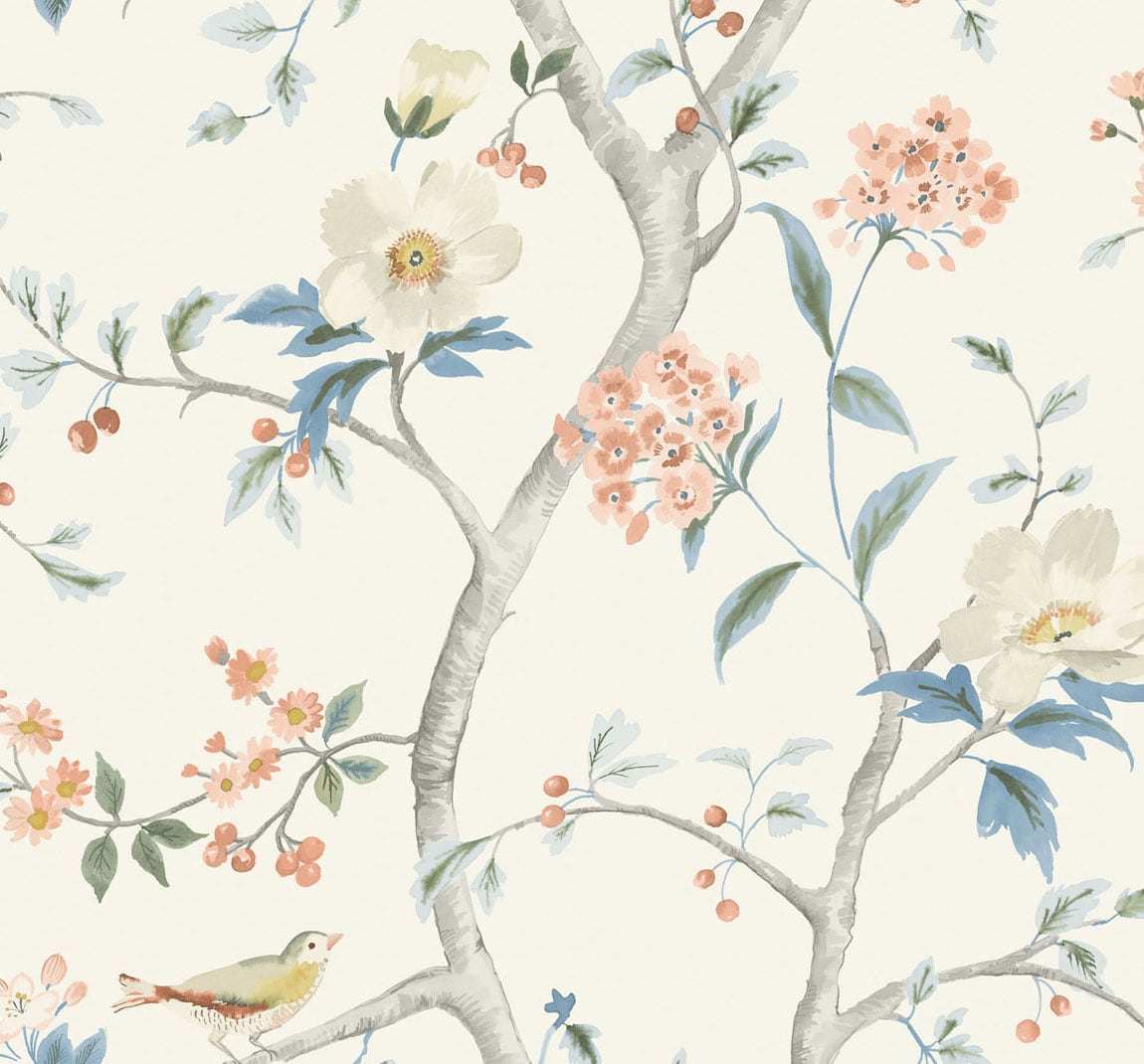 Southport Floral Trail wallpaper pattern with soft floral branches and birds in eggshell, melon, and Carolina blue.