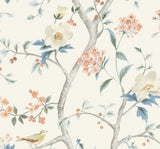 Southport Floral Trail wallpaper pattern with soft floral branches and birds in eggshell, melon, and Carolina blue.