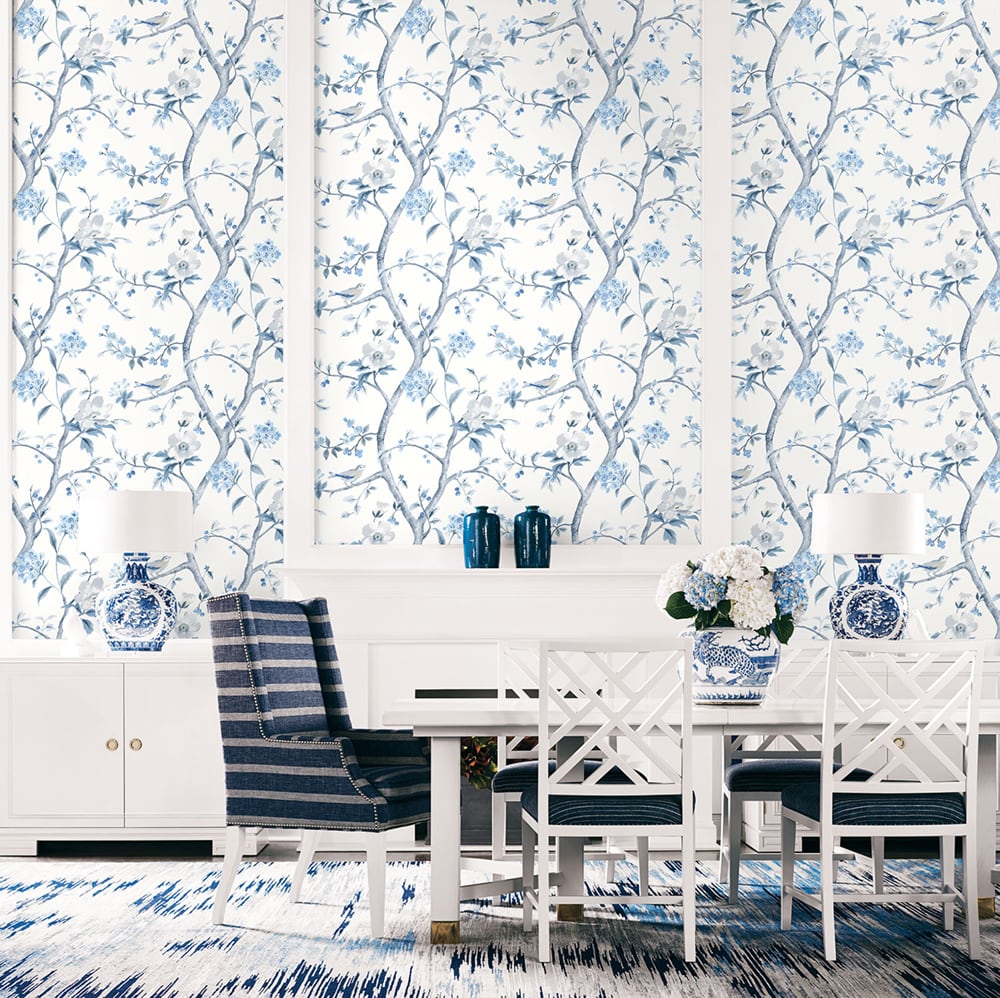 Southport Floral Trail Eggshell and Blue Shale by Luxe Retreat Chinoiserie Floral Trail Wallpaper – Lillian August LN11102