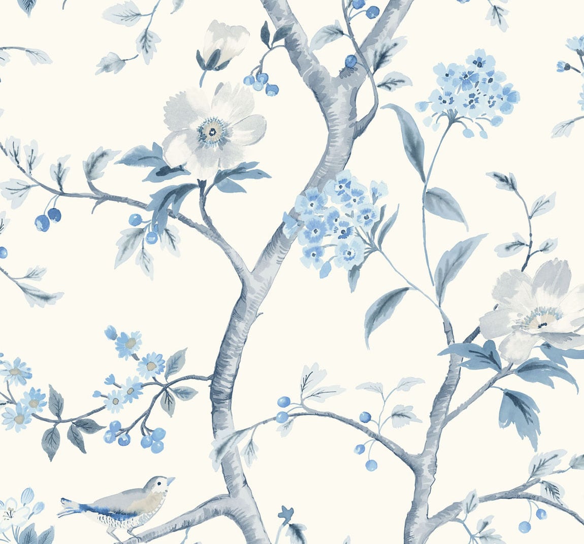 Southport Floral Trail wallpaper in Eggshell and Blue Shale with chinoiserie-style floral branches and birds on an eggshell ground.