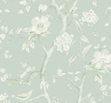 Southport Floral Trail wallpaper in sea glass and ivory with chinoiserie floral branches and birds