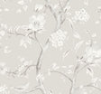Southport Floral Trail wallpaper in metallic silver and fog with chinoiserie-style flowering branches and birds