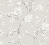 Southport Floral Trail wallpaper in metallic silver and fog with chinoiserie-style flowering branches and birds