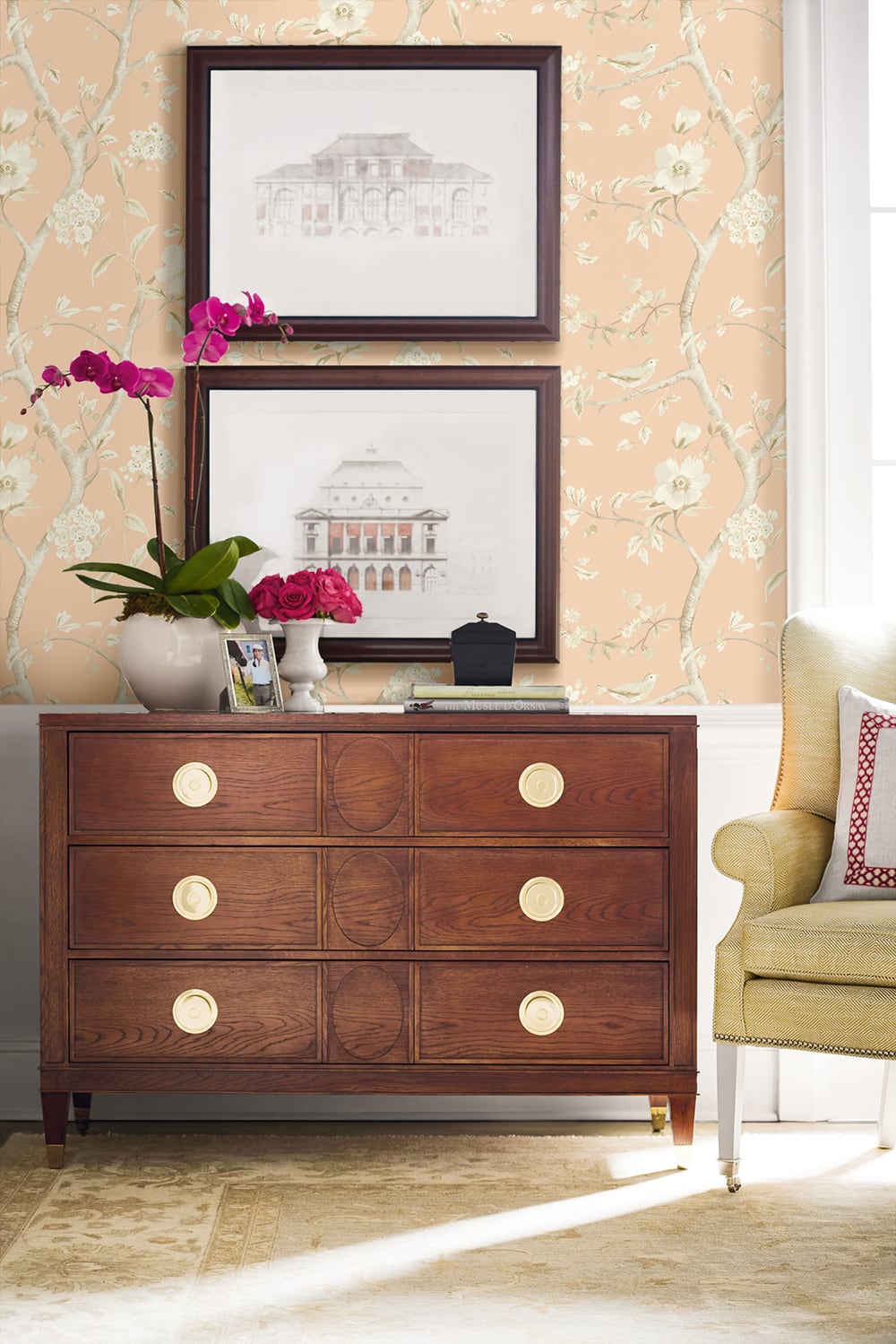 Southport Floral Trail Soft Melon and Arrowroot by Luxe Retreat Chinoiserie Floral Trail Wallpaper – Lillian August LN11111