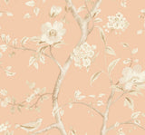 Southport Floral Trail wallpaper in Soft Melon and Arrowroot with chinoiserie-style flowering branches and birds