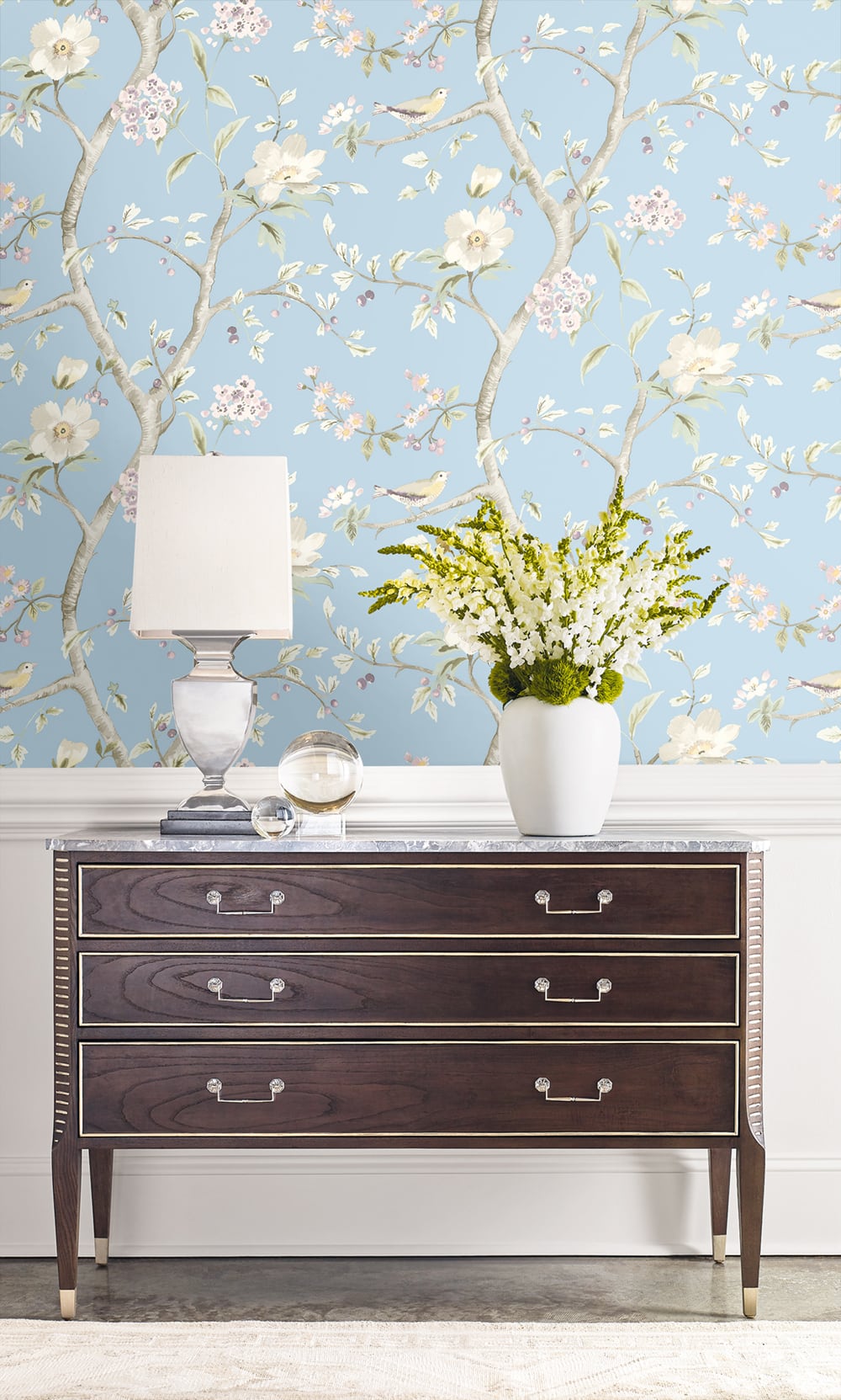 Southport Floral Trail Sky Blue and Arrowroot by Luxe Retreat Chinoiserie Floral Bird Wallpaper – Lillian August LN11112