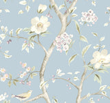 Southport Floral Trail wallpaper in sky blue with delicate flowering branches, leaves, berries, and small birds