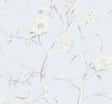 Southport Floral Trail wallpaper in Blue Frost and Cove Gray with delicate floral branches and birds