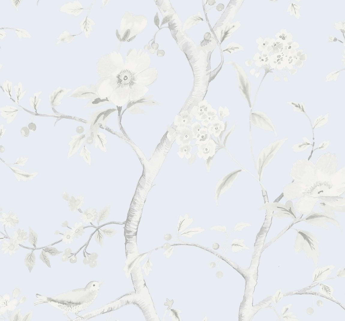 Southport Floral Trail wallpaper in Blue Frost and Cove Gray with delicate floral branches and birds