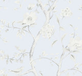 Southport Floral Trail wallpaper in Blue Frost and Cove Gray with delicate floral branches and birds
