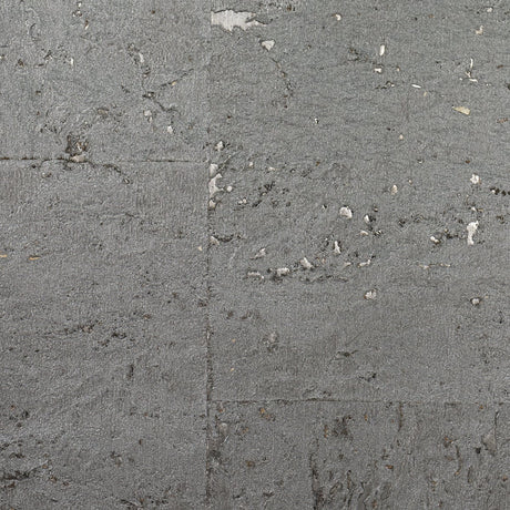 Graphite cork grasscloth wallpaper with subtle metallic silver accents and natural cork texture.