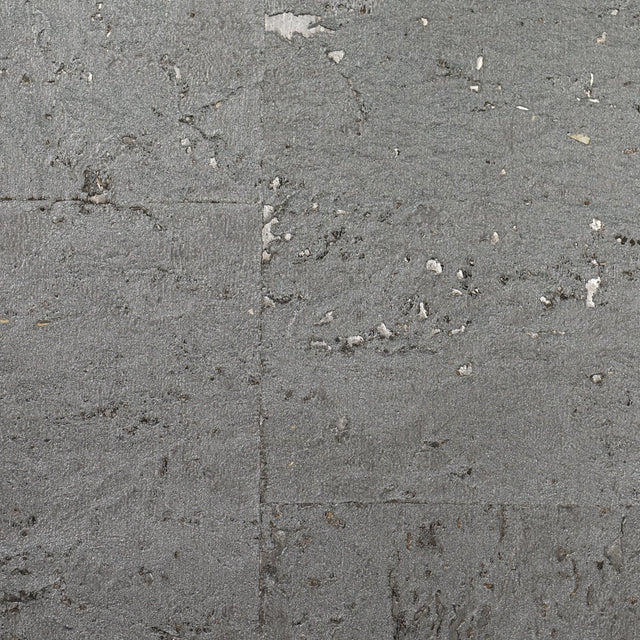 Graphite cork grasscloth wallpaper with subtle metallic silver accents and natural cork texture.