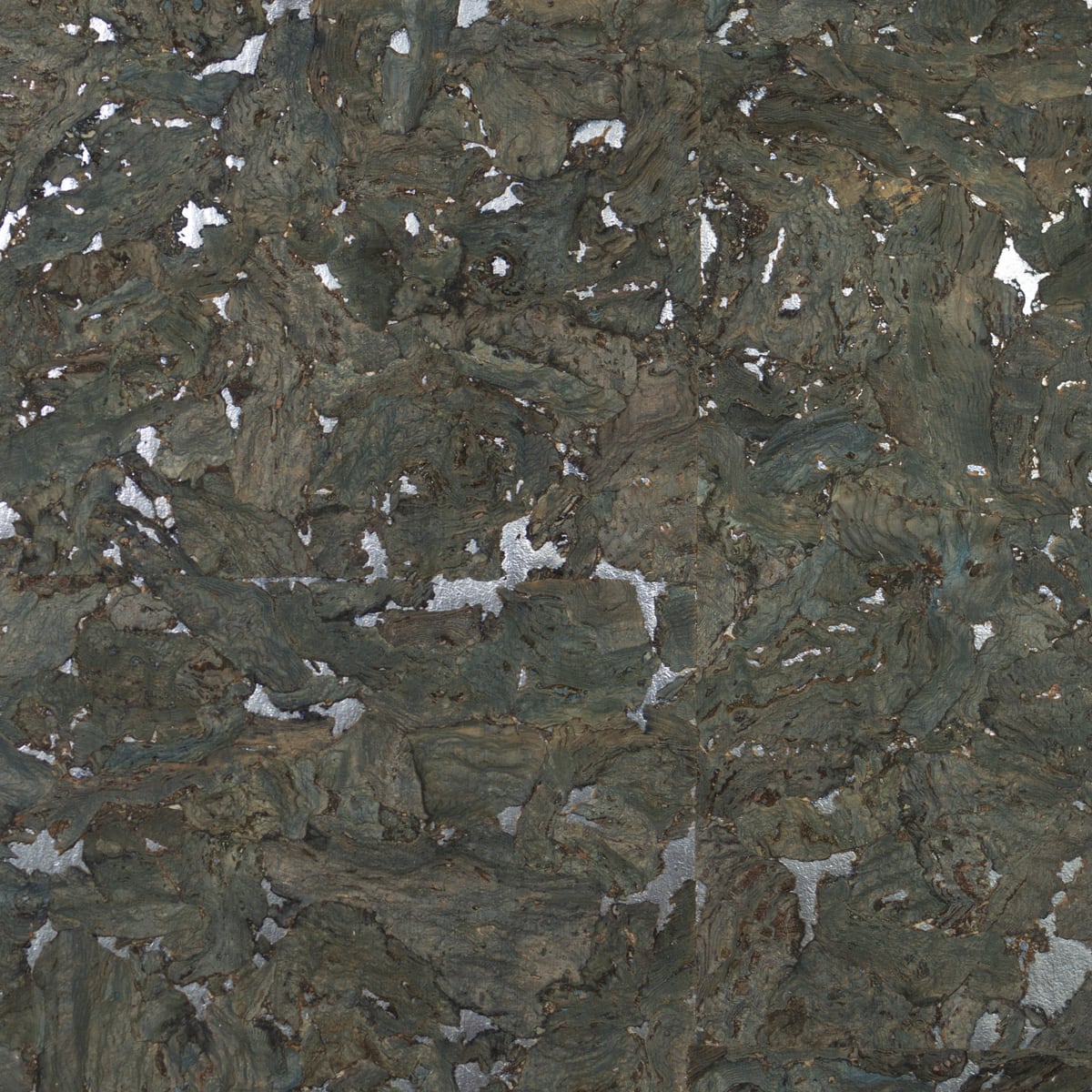 Deep sea green cork grasscloth wallpaper with metallic silver highlights