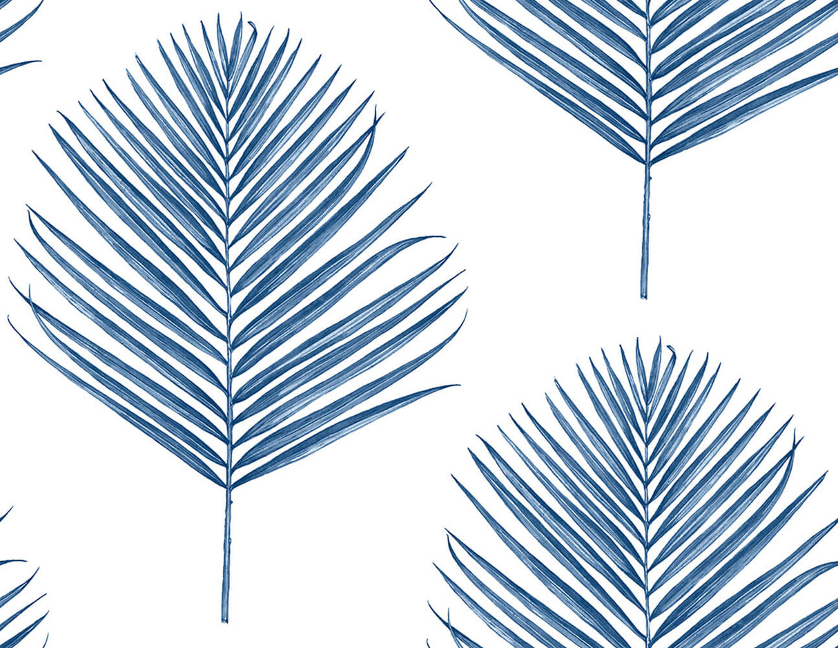 Maui Palm wallpaper pattern in coastal blue with palm fronds on a white ground