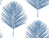 Maui Palm wallpaper pattern in coastal blue with palm fronds on a white ground