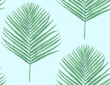 Maui Palm peel and stick wallpaper in Celeste and Jade with palm frond motif