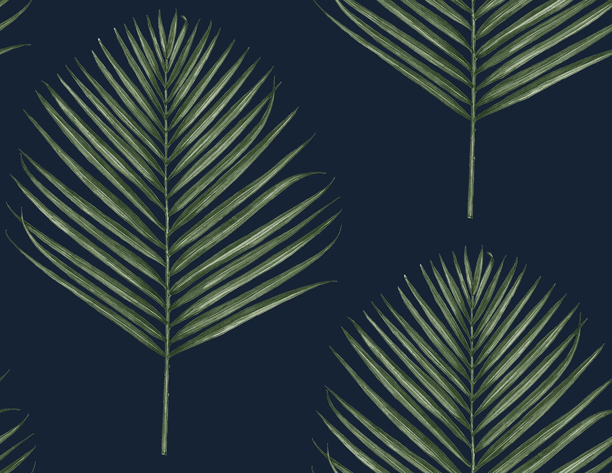 Maui Palm peel and stick wallpaper in midnight blue with paradise green palm fronds
