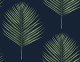 Maui Palm peel and stick wallpaper in midnight blue with paradise green palm fronds