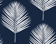 Midnight blue peel and stick wallpaper with white palm fronds, Maui Palm pattern