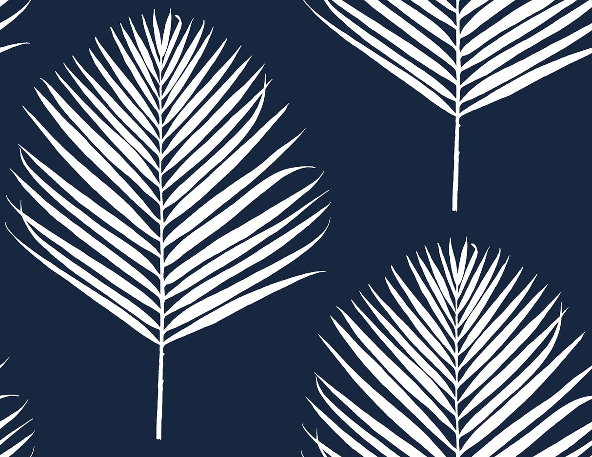 Midnight blue peel and stick wallpaper with white palm fronds, Maui Palm pattern