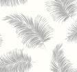 Tossed Palm peel and stick wallpaper in Alloy grey with scattered palm fronds.
