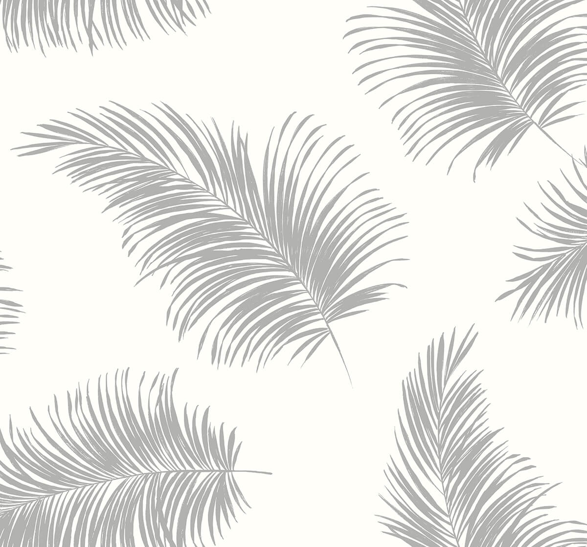 Tossed Palm peel and stick wallpaper in Alloy grey with scattered palm fronds.