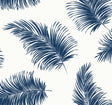 White peel and stick wallpaper with tossed navy palm fronds